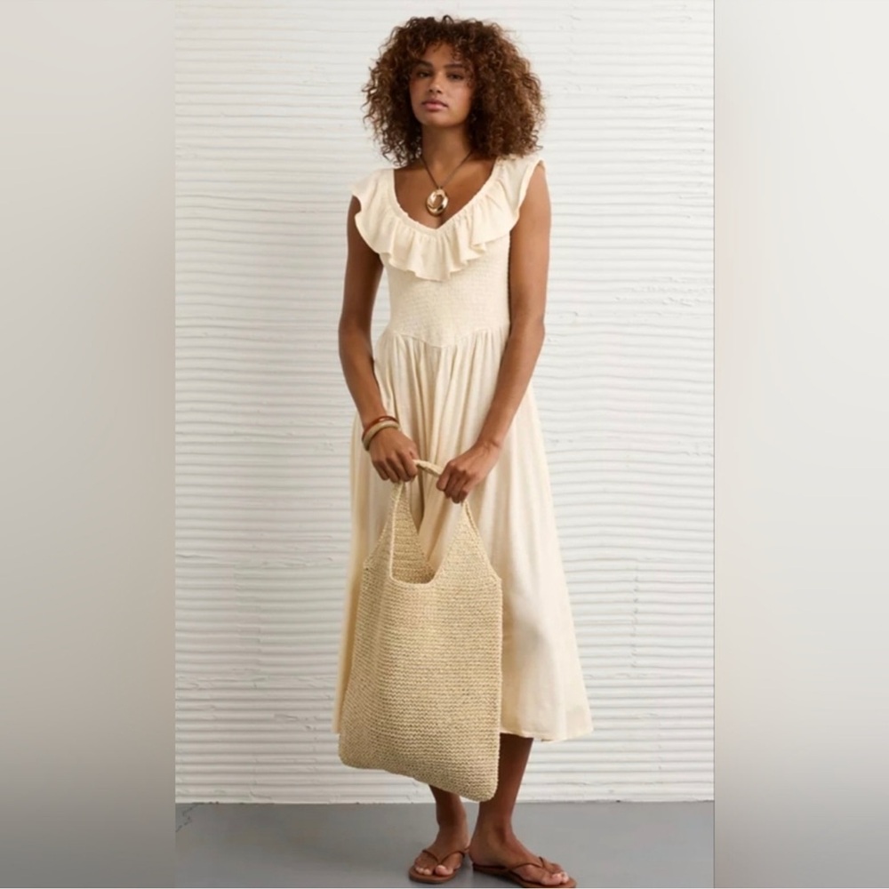 NWT American Eagle Outfitters sun chaser drop waist Cream Ruffle Midi Dress